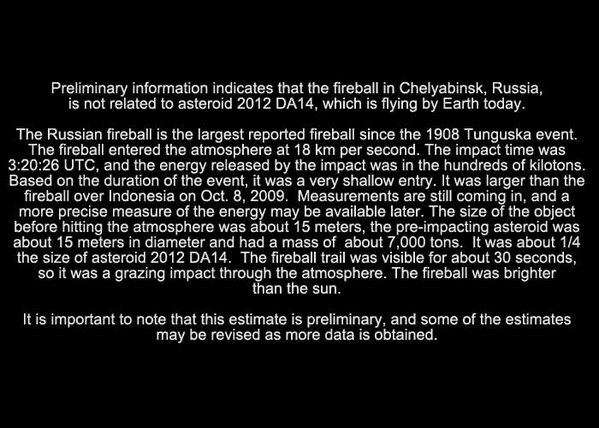 RT @CassiniSaturn: #RussianMeteor Not Associated With #Asteroid 2012 #DA14:

https://t.co/7vC1eHqd http://t.co/oY7awGsZ