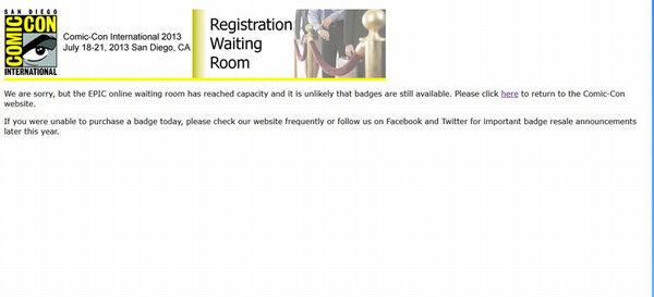 TheAdamBorg's tweet image. I got this screen 2 minutes after the badges went on sale and never got in the waiting room ever. @Comic_Con