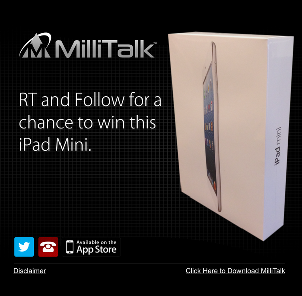 MilliTalk's tweet photo. RT and Follow Us for a chance to win this iPad mini! http://t.co/OXx8n1Cx #MilliTalk #Sweepstakes http://t.co/v4W1LUrc