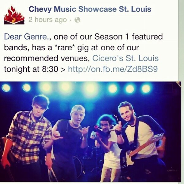 deargenre's tweet photo. Thanks @ChevyMusicSTL for helping us promote tonight's show! It's our first in a while, don't want you to miss it!! http://t.co/hUX4GfZw