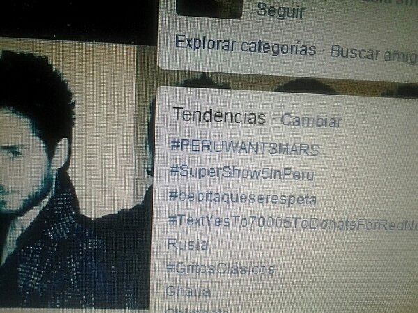 JaredLeto's tweet photo. Thx PERU!!! "@PERULOVESMARS: 3hours #PERUWANTSMARS TT in Perù! We did it for you guys! @30SECONDSTOMARS !!! http://t.co/9voG9fMz"