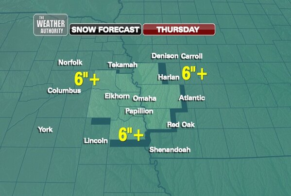 Here's the snow forecast for Thurs. from WOWT. NOTE: the storm is still off the Canadian coast &amp; amounts can change.