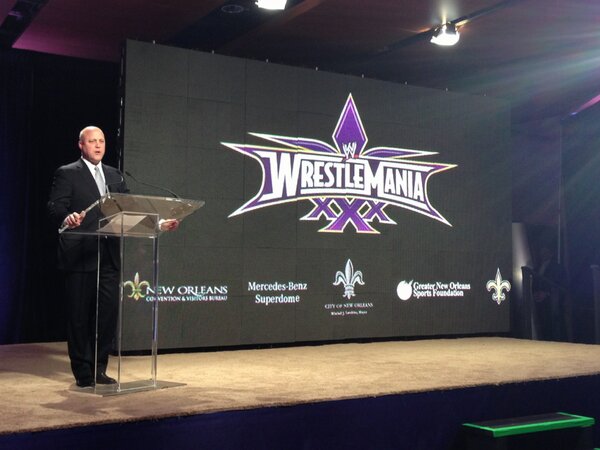 WrestleMania's tweet photo. New Orleans' @MayorLandrieu reveals the @WrestleMania XXX logo! #WM30 http://t.co/d5RxDgmo