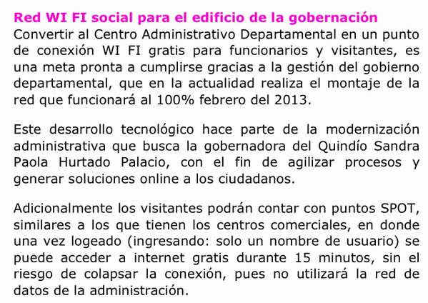 idcubillos's tweet photo. Ya tenemos zona wifi 100% para visitantes y funcionarios de la Gobernación del Quindío http://t.co/GnPs0VEnS3