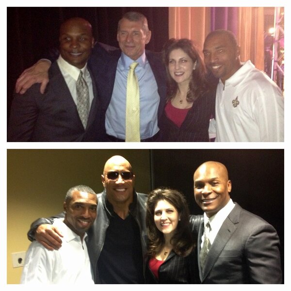 Saints's tweet photo. WWE's Vince McMahon &amp; @TheRock with @RitaLeBlanc, Fred McAfee &amp; Michael Lewis #WM30 http://t.co/oy4EACpp