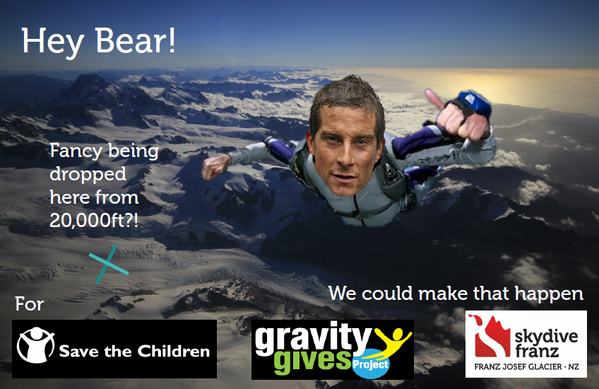 SkydiveFranz's tweet photo. @BearGrylls it's never too late to 'Jump to Save the Children' @gravitygivespro @SaveChildrenNZ @adventuremagnz http://t.co/82MgcOqp