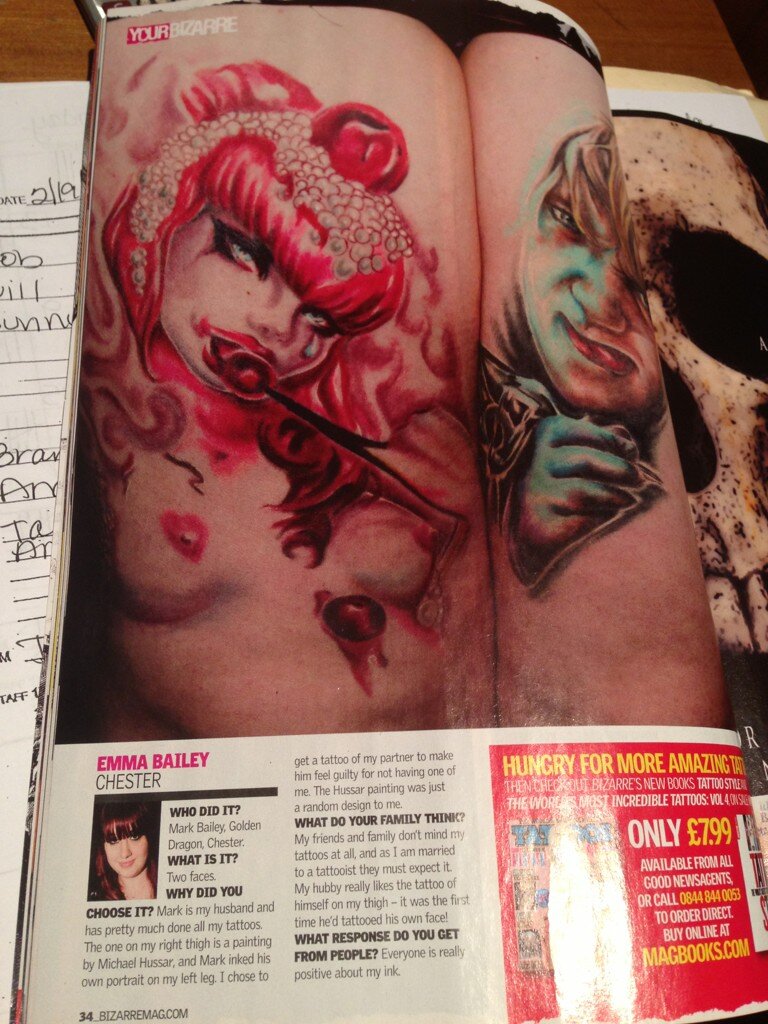 Opened up issue 198 of @bizarremagazine to find the painting @MICHAEL_HUSSAR did of me tattooed on someone! http://t.co/3fiW0cHH