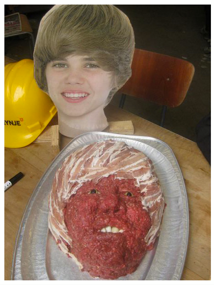 InvasionSSD's tweet image. Supplies running low. Getting hungry. Could almost eat this meat cake shaped like Justin Bieber's head. Almost.