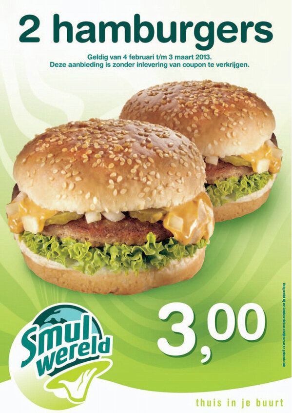 Superknaller bij Smulwereld: 2 hamburgers voor maar 3 euro! Actie loopt t/m zondag 3 maart.