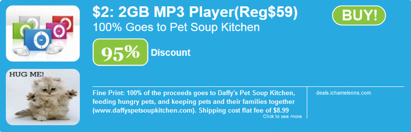 hopeUPinc's tweet photo. 95% OFF...$2 for a 2GB MP3 Player (Reg. $59)..100% of the sales goes to Pet Soup Kitchen..Get http://t.co/UHp9MDeZ http://t.co/S0hSxP3h