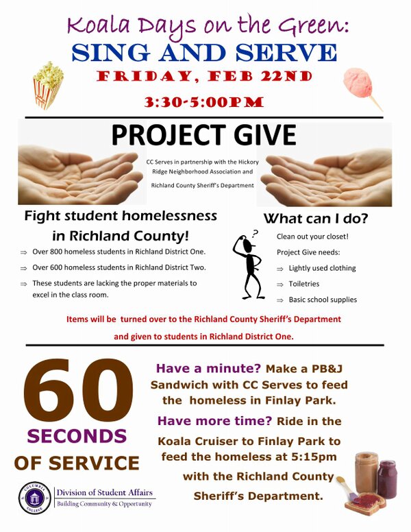 C2Serves's tweet image. Have a minute? 60 Seconds of Service will be in the dining hall on Friday!