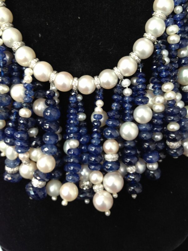 GemsAround's tweet photo. Beads are in! This necklace combines blue sapp. beads w/ pearls and dia. rondells. The effect is gorgeous! http://t.co/yPKxoihO
