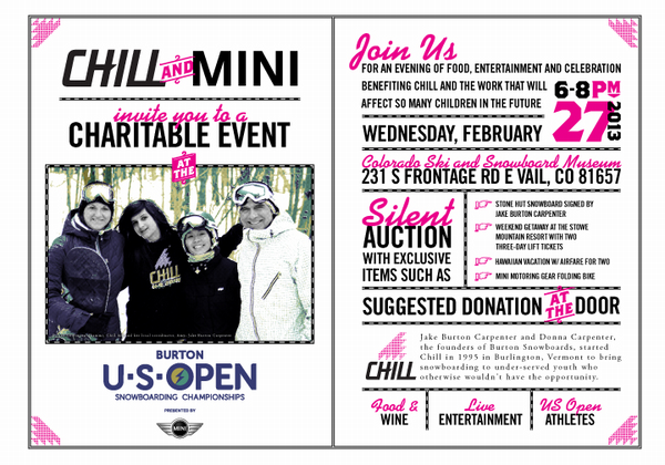 ChillDenver's tweet photo. Come support @ChillFoundation at the @burtonsnowboard US Open at @vailmtn next Wed! Event details here: http://t.co/VdChTOPs