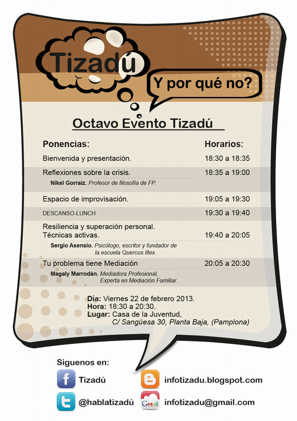 hablatizadu's tweet photo. Cartel del octavo evento Tizadú, el espacio para hablar en público promovido por la Casa de la Juventud de Pamplona http://t.co/uAeV7mIjqB