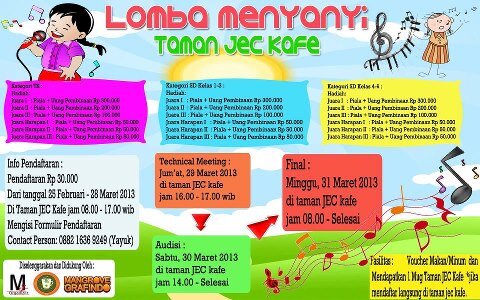 #InfoYK <a href="/asmicband/">ASMICband (official)</a> 25/2-28/3/12 Pendaftaran Lomba Menyanyi Anak di <a href="/tamanjeckafe/">Taman JEC Kafe</a> | Info:081804033478 |