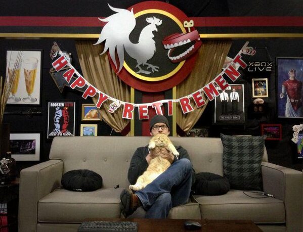 RoosterTeeth's tweet photo. Joe the Cat retired yesterday. Help us say goodbye &amp; post your favorite moment/screenshot of him. We'll miss you Joe! http://t.co/6wV4ArIIW1