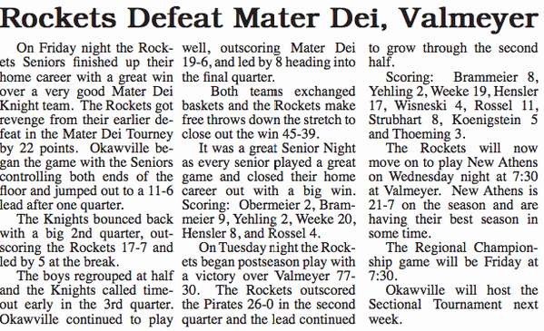 #Rockets defeat Mater Dei, Valmeyer. <a href="/OkawvilleTimes/">The Okawville Times</a> article. #Regionals