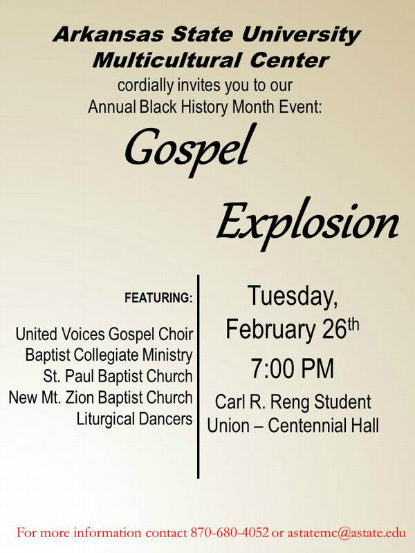 astAteMC's tweet photo. Join us for our Annual Gospel Explosion Tuesday, February 26th at 7pm in Carl R. Reng Student Union-Centennial Hall http://t.co/Jszj2LFcMp
