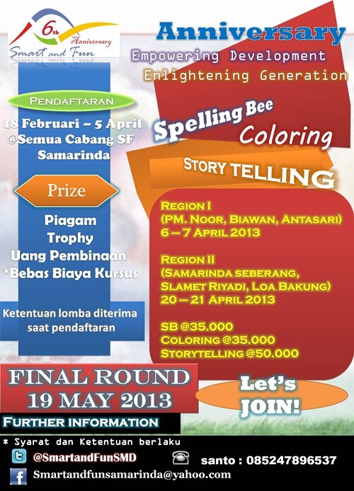 SmartandFunSMD's tweet photo. @SamarindaUpdate English Competition in SF 6th Anniversary... Let's join... 

60 http://t.co/Iz4LnOFmdw