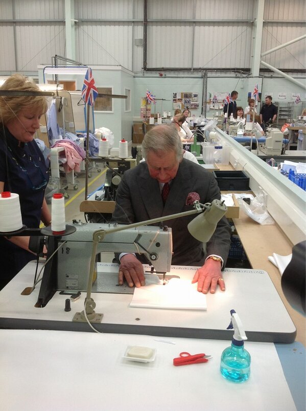 ClarenceHouse's tweet image. .The Prince tries his hand at sewing at the Gloucester Turnbull &amp;amp; Asser factory, he did a good job! @Turnbull_Asser