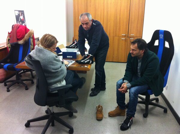SparcoOfficial's tweet image. Paolo #Andreucci and Anna #Andreussi are here at the Sparco headquarter, trying their new shoes!