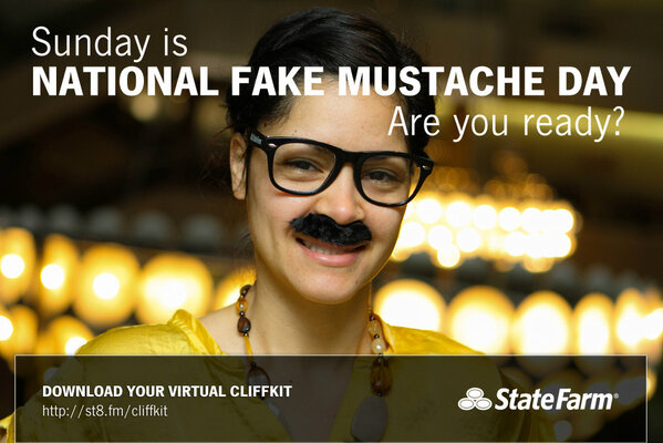 StateFarm's tweet photo. Sunday is Nat'l Fake Mustache day. Get ready with this virtual #CliffStache &amp; share your pics http://t.co/0AiPzXr2B2 http://t.co/9toXJ9BzeT