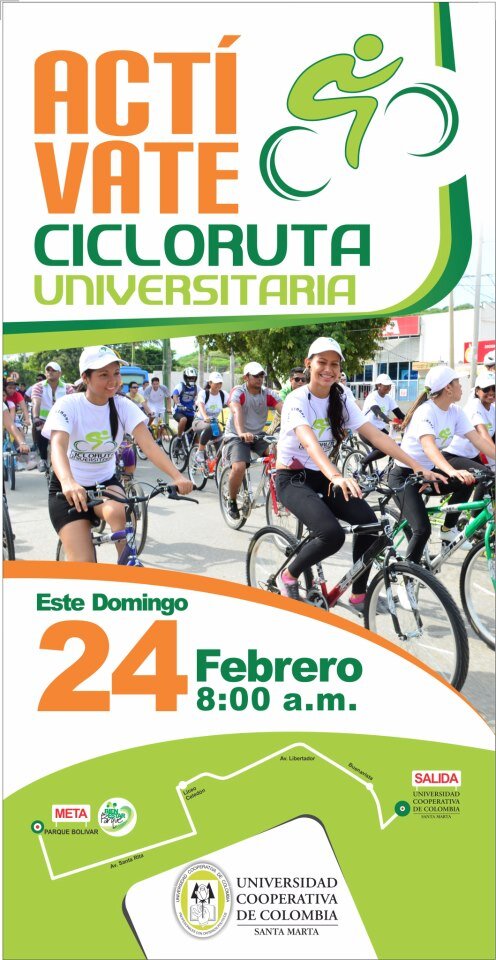 Uccsantamarta's tweet photo. #NoSeTeOlvide Este domingo 24 de febrero a partir de las 8:00 A.M. #CiclorutaUniversitaria en Santa Marta. http://t.co/V6s0H4hyQd