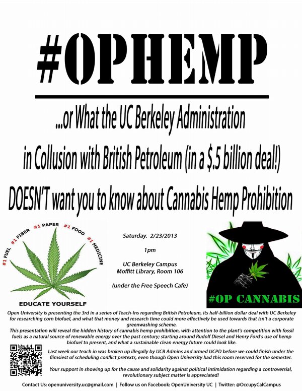 OccupyCalCampus's tweet photo. Join #CalOpenU @ 1pm Sat. 4teach-in on #Hemp @bpOffCampus  #OccupyCal  #opcannabis #CCSF #OO 
https://t.co/eDzF2Juswy http://t.co/7XKSpV7oWR