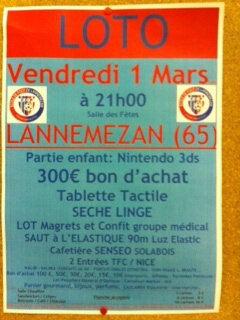 Le Football Club du Plateau organise son premier loto  vendredi 1er mars  à 21h00 à la Salle des fêtes de Lannemezan