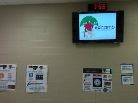 EdcampFWD's tweet image. Schedule is up on the TV's #edcampfwd is firing on all cylinders