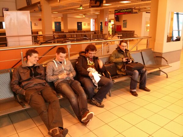 mySecurePhone's tweet photo. Part of #mySecureMail team waiting for flight to #MWC13 in #Barcelona. cu :-) http://t.co/gJRGyQJoEI