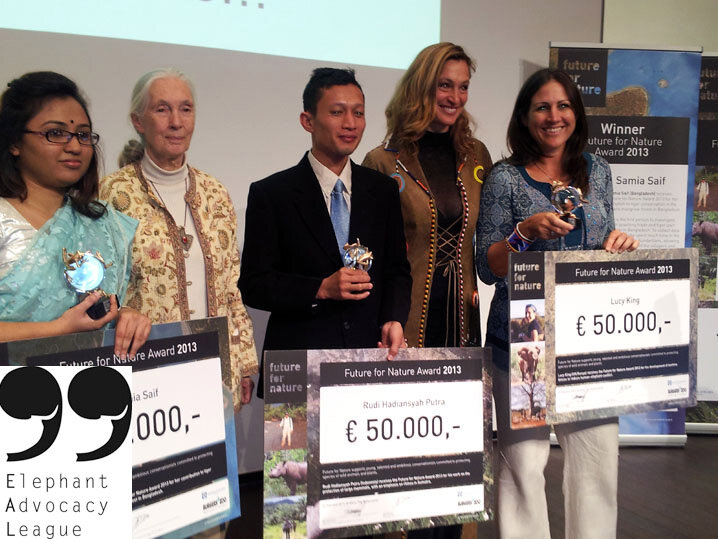 Presentation Future for Nature Awards 2013, left to right Samia Saif, Jane Goodall, Rudy H. Putra, presenter, Lucy King