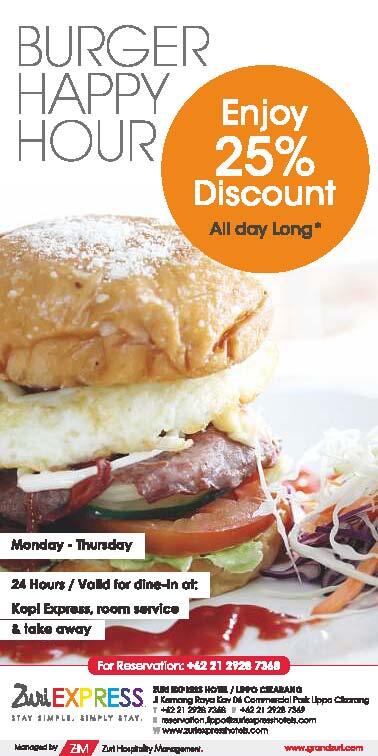 RT <a href="/Zurexlippo/">Zuri Express - Lippo</a>: Enjoy 25% discount every burger order at Kopi Express Restaurant on weekday..>!