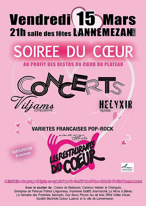Grande SOIREE DU COEUR en faveur des RESTOS DU COEUR DU PLATEAU  vendredi 15 mars 21h salle des Fêtes Lannemezan.