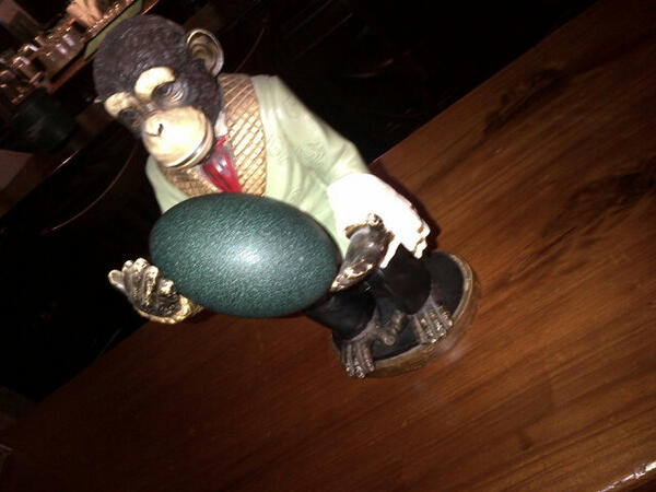 TheWoodenMonkey's tweet photo. Jimmy the Monkey holding an Emu egg from @DutchmansCheese  #jurassicparkshit http://t.co/sJ7xi33DZh