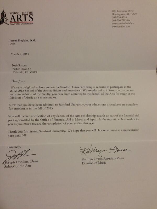 Got accepted to the arts school at #samford! #vocalperformance