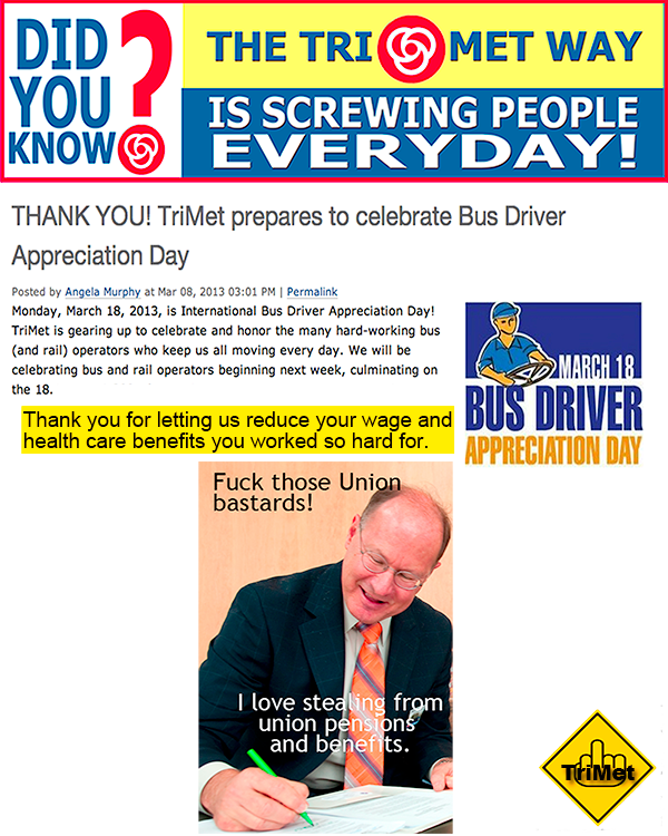 Pay the wages and health care we earn instead of giving yourself pay increases and screwing union employees. #TriMet