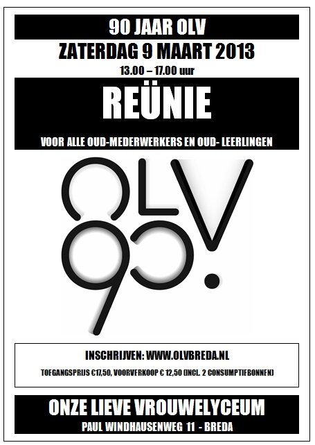 Zaterdag 9 maart: Reünie voor alle oud-leerlingen en oud-medewerkers.
Inschrijven: bit.ly/15NngUI