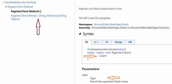 aliostad's tweet image. MSDN library is too shy to mention the type name - because they come from #DotNetOpenAuth? msdn.microsoft.com/en-us/library/…