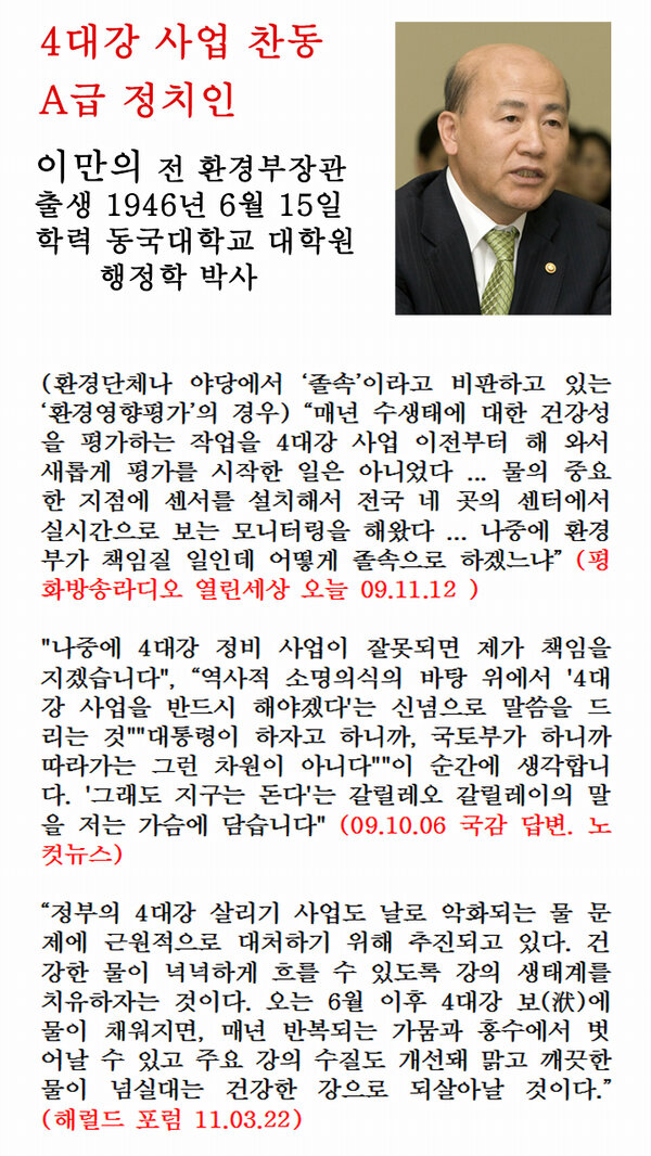 4rivers_bot's tweet photo. 이만의(A급) : "나중에 4대강 정비 사업이 잘못되면 제가 책임을 지겠습니다...역사적 소명의식의 바탕 위에서 '4대강 사업을 반드시 해야겠다'는 신념으로 말씀을 드리는 것" http://t.co/Cz6UNjz4LV