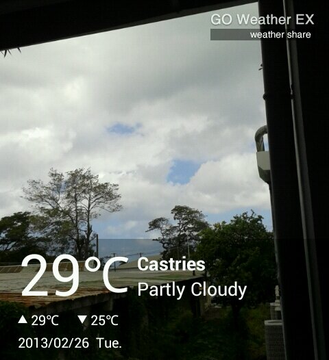 Sunripend's tweet image. Castries, Partly Cloudy, 29℃, 18.0 MPH, Published 02/26 11:42AM.(From GO Weather EX: goo.gl/xkQ1v )