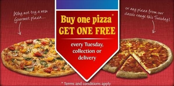 DominosGalway's tweet photo. Who wants to win a large pizza courtesy of Dominos??! Just RT this promo poster of our Two for Tuesday offer!! http://t.co/SNVe7GIJ09