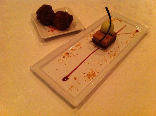 ahRelyLocalAVL's tweet image. The @ewgrove serves up a delicious Crab &amp;amp; Lobster Croquette and Chocolate Almond Tart for the #avlcrawl tonight. Yum!