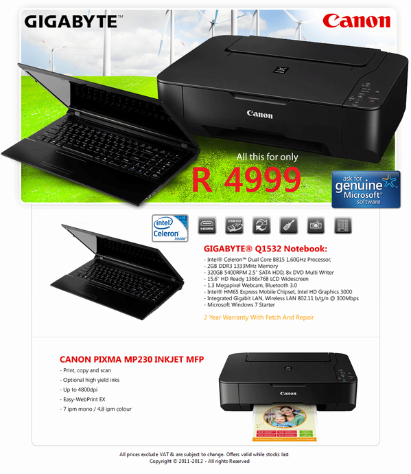 instawebcc's tweet image. Gigabyte Notebook + Canon Pixma MP230 Inkjet specials, while stocks last #Gigabyte #Canon #Specials #JHB #CPT #DBN