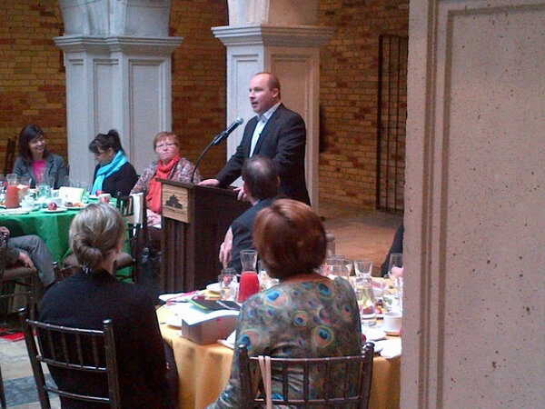 OHLRangers's tweet photo. #inthecommunity: Coach Spott addressing the @BreakfastofCHMP. Thanks to all for your support of @Nutrition4Learn!! http://t.co/D3jcEXyEyE