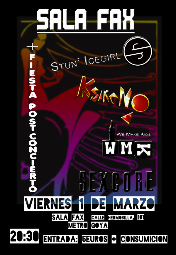 Ksikeno_Rock's tweet photo. ESTE VIERNES TOCAMOS CON 
@StunIcegirl, @WeMakeKids Y @sexcoreband EN LA SALA FAX DE GOYA. OS ESPERAMOS  A TODOS ALLÍ http://t.co/koIcFa2A4d