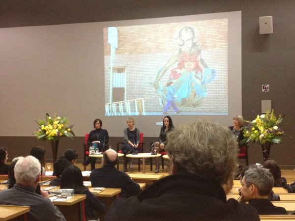 The panel with street artist Swoon in the background #LSElitfest http://pic.twitter.com/yvInkkbb9J
