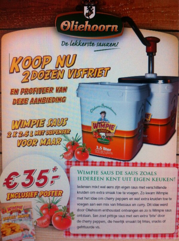 FishmastersBV's tweet photo. Heeft u uw visfrietjes met wimpiesaus al bij #Fishpartners besteld. Gratis winkelposter en dispenser bij 2 dozen http://t.co/0IidxlM7Gv