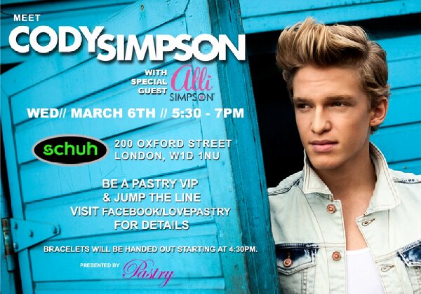 LovePastryUK's tweet photo. We're excited to be @schuhshoes Oxford St, London March 6th with special guests @CodySimpson @AlliSimpson @lovepastry http://t.co/YndlgQfxAr