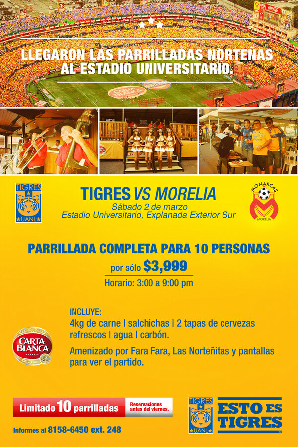 TigresOficial's tweet photo. Este sábado regresa el futbol al Universitario. ¿Ya separaste tu parrillada Tigre? Tel. 81586450 Ext. 248 http://t.co/dgKTaWPVOC